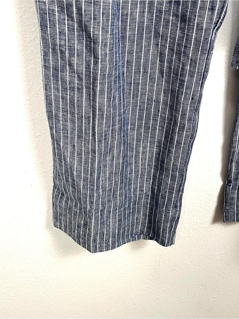 Quince European Linen Chambray Blue Stripe Sleeveless Belted Crop Jumpsuit Small